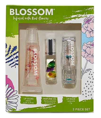 Blossom Moisturizing Lip Gloss Tubes, Roll on Perfume Oil, Natural Essential Oils, Scented pH Color Change Lip Balm with Real Flowers, 0.7 fl. oz/15mL, 3 Pack Gift Set, Cherry/Honey Jasmine/Turquoise