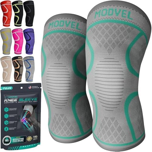 Modvel Compression Knee Brace for Women & Men - 2 Pack Knee Brace for Women Running Knee Pain, Knee Support Sleeve, Workout Sports Braces for Meniscus Tear ACL & Arthritis Pain Relief Grey/Turquoise Small