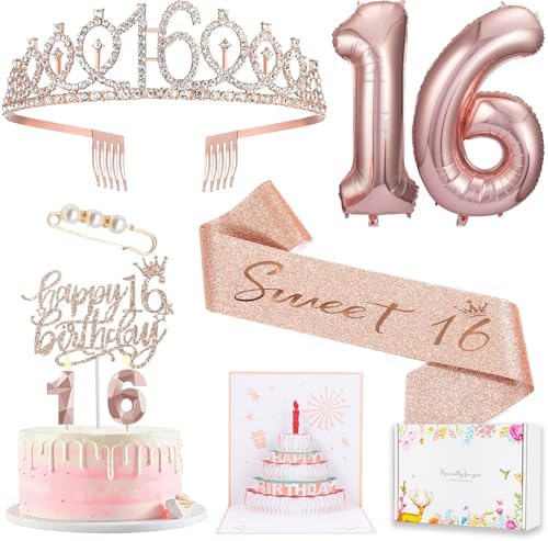 8pcs Sweet 16 Birthday Decorations for Girls, Including 16th Happy Birthday Cake Toppers, Birthday Queen Sash with Pearl Pin, Sweet Rhinestone Tiara Crown, Number Candles and Balloons Set, Rose Gold