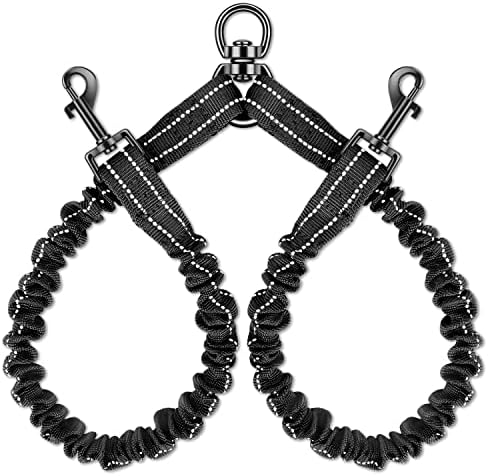 Double Dog Leash, No Tangle 360° Swivel Rotation Reflective Lead Attachment Bungee Extension Length Dual Two Dog Lead Splitter, Comfortable Shock Absorbing Walking Training for 2 Dogs