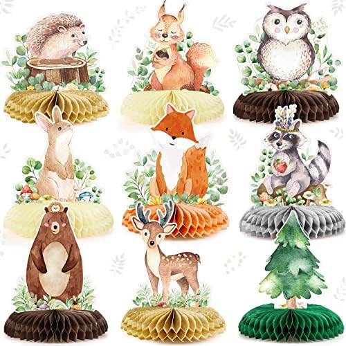 Fumete 9 Pack Woodland Animals Honeycomb Centerpieces 3D Table Topper Woodland Baby Shower Decorations for Girl Boy Green Forest Theme Baby Shower First Birthday Party Camping Decor