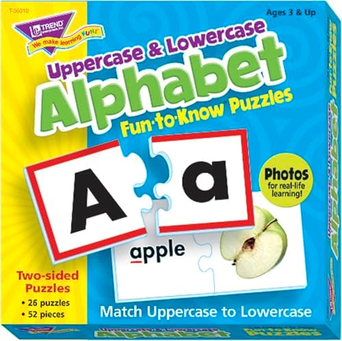 Trend Enterprises: Fun-to-Know Puzzles: Uppercase & Lowercase Alphabet, Learn Letter & Case Recognition, 26 Two-Sided Puzzles, Self-Checking, 52 Puzzles Total, for Ages 3 and Up