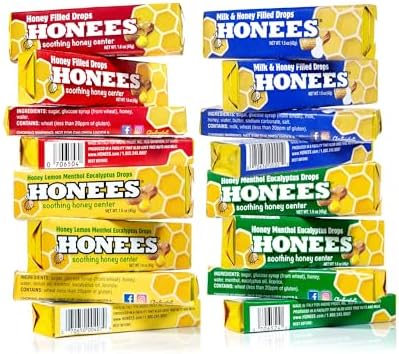 Honees Honey Filled Drops, Variety Pack (Honey, Milk & Honey, Honey Lemon, and Menthol)-Natural Sore Throat Relief - Throat Lozenges, Nothing Artificial - Non-GMO, Gluten Free (16 Pack-144 Drops)