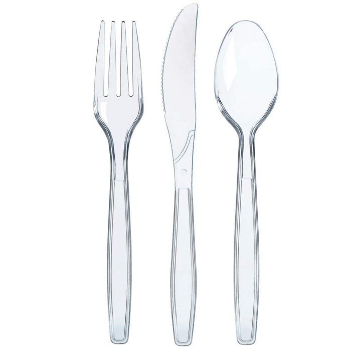 Prestee 300 Plastic Silverware Set, Clear Plastic Cutlery Set, Disposable Set -100 Clear Plastic Forks, 100 Plastic Spoons, 100 Plastic Knives, Heavy Duty Bulk Disposable Flatware Plastic Utensils Set