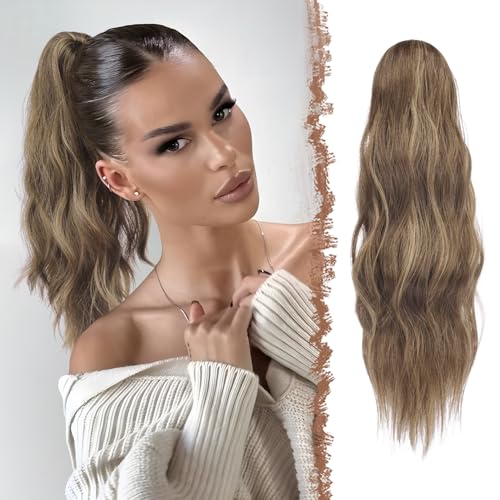 FESHFEN Ponytail Extensions, Long Claw Clip in Ponytail Hairpiece Synthetic Pony Tails Hair Piece Natural Wavy Hairpieces for Women, 20 inch Brown Mixed Honey Blonde