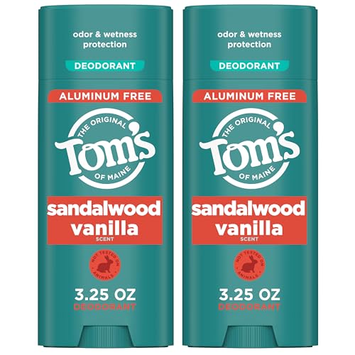Tom’s of Maine Sandalwood Vanilla Aluminum Free Natural Deodorant For Women & Men | Goes on Clear | Odor & Wetness Protection | Naturally Derived and Moisture-Locking Ingredients | 3.25 oz (2 Pack)