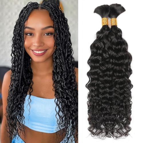 Human Braiding Hair 110g Water Wave Bulk Human Hair for Braiding 2 Bundles/Pack 14 Inch Wet and Wavy Boho Knotless Braids No Weft Brazilian Virgin Curly Extensions Black