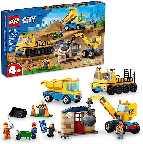 LEGO City Construction Trucks and Wrecking Ball Crane 60391 Building Toy Set for Toddler Kids Ages 4+, Includes 3 Construction Vehicles, an Abandoned House and 3 Minifigures for Pretend Play