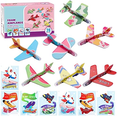 SpringFlower 28 Pack Valentine's Greeting Cards with Foam Airplanes for Kids, Valentine’s Fun Party Favors toys, School Classroom Prizes, Exchanging Gifts