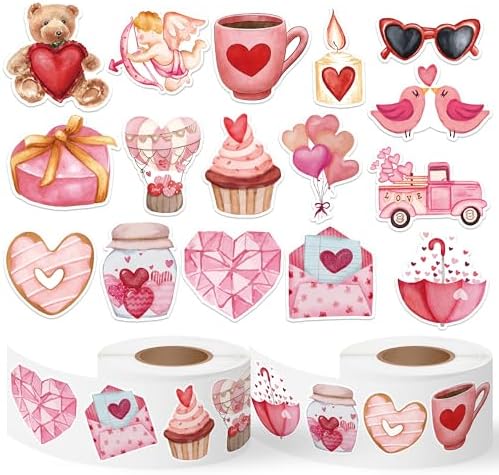 OSNIE Valentines Watercolor Stickers Roll - 1000Pcs in 2 Rolls Valentine's Day Watercolor Heart Dessert Cupid Sticker Envelope Seals Vinyl Sticker Decor for Kids Classroom Water Bottle Laptop Window