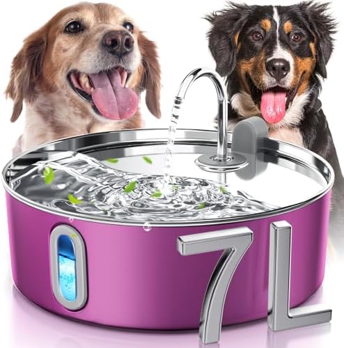 Dog Water Fountain for Large Dogs 7L/236oz Stainless Steel Dog Water Bowl Dispenser Automatic Pet Water Fountain, Multi-Filtration Pet Fountain with Ultra-Quiet Pump (Pink)