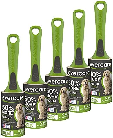 Evercare All Purpose Pet Hair Lint Rollers, 5 Pack, 60 Sheets Each – Reusable Sticky Roller for Pet Hair, Cat & Dog Hair Remover, Lint Remover, Pet Hair Remover for Furniture, Clothing & Cars