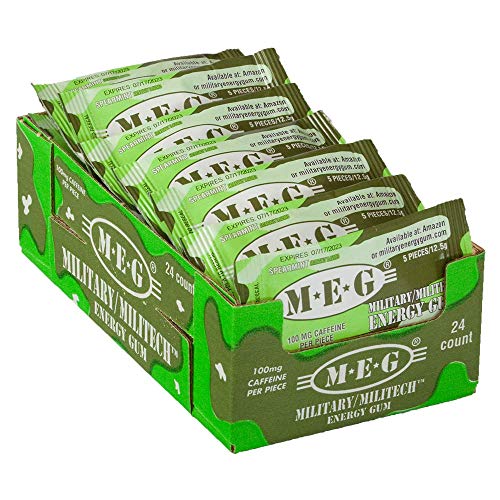 MEG - Military Energy Gum | 100mg of Caffeine Per Piece + Increase Energy + Boost Physical Performance + Spearmint 24 Pack (120 Count)