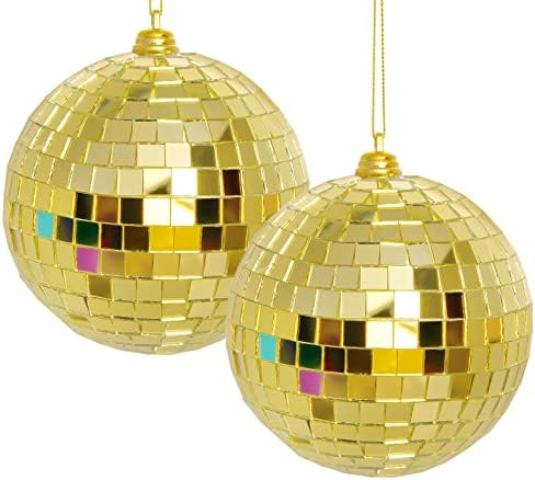 2 Pieces Disco Mirror Balls Hanging Ball for 50s 60s 70s Disco DJ Light Effect Party Home Decoration Stage Props School Festivals Party Favors and Supplies 4 Inch (4inch, Gold)