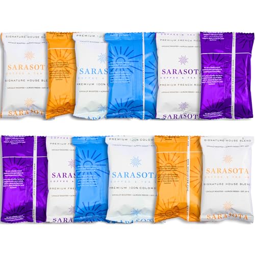Sarasota Coffee Ground Packets | Gift Set Assorted Variety Sampler Packs | Medium, Colombian, & Dark Roast | Gourmet Low Acid Mold Free Individual Pouches for 12 Cup Coffee Maker | 2 Oz Bags, 12 Count