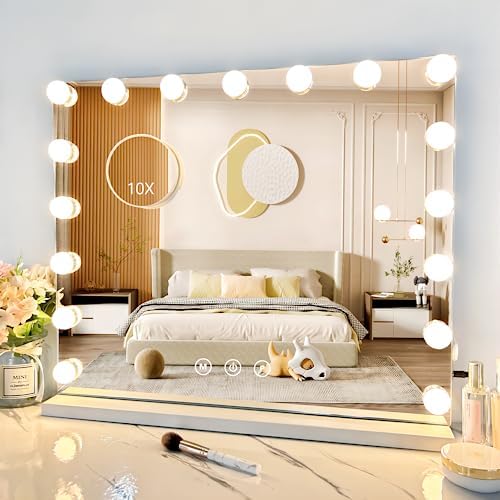 Vanity Mirror with Lights,Makeup Mirror with Lights with 17 Dimmable LED Bulbs, 3 Color Lighting Modes Detachable 10X Magnification Mirror Touch Control, 23.6X19,7 inch, White