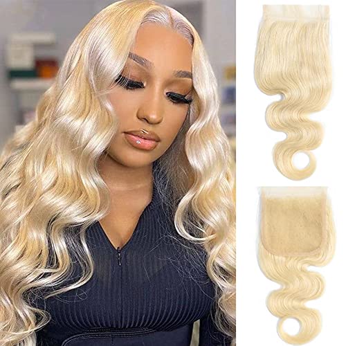 613 Blonde Lace Closure Body Wave 4x4 Invisible Transparent HD Lace Hair Closure Only 12A Virgin Remy Human Hair Closure 100% Russian Blonde Human Hair Extensions Pre Plucked with Baby Hair 16 Inch