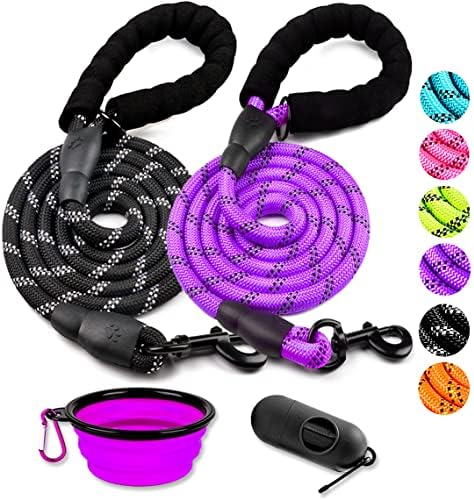 COOYOO 2 Pack Dog Leash 4 FT Heavy Duty - Comfortable Padded Handle - Reflective Dog Leash for Medium Large Dogs with Collapsible Pet Bowl Set 3-Black+Purple