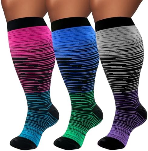 Plus Size Compression Socks for Women & Men 3 Pairs, Wide Calf Extra Large 20-30 mmHg Knee High Support Socks for Travel, Running, Nurse