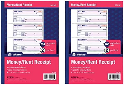 Adams Money and Rent Receipt Book, 2-Part, Carbonless, White/Canary, 7-5/8" x 10-7/8", Bound Wraparound Cover, 200 Sets per Book, 4 Receipts per Page (DC1182),2 Pack