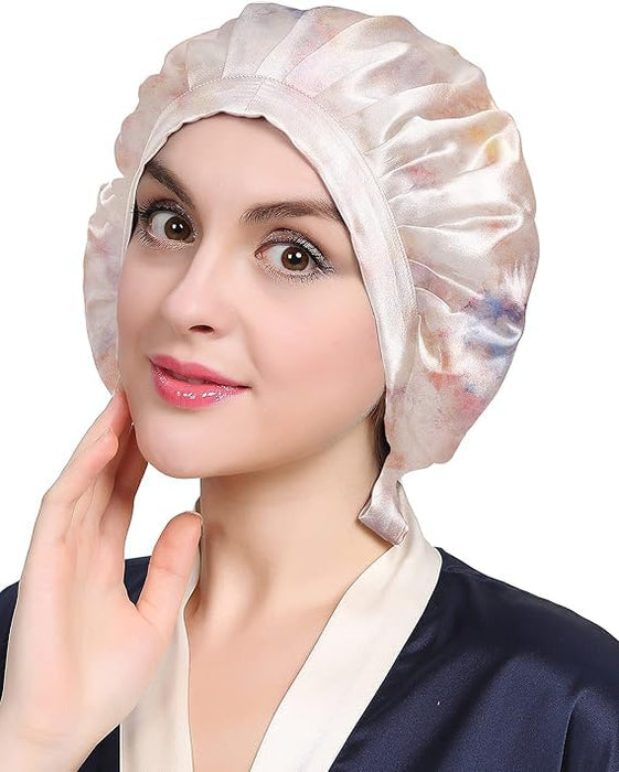 LilySilk 100% Mulberry Silk Bonnet, Silk Night Sleep Cap Adjustable Hair Wrap for Sleeping, Pink Purple Water