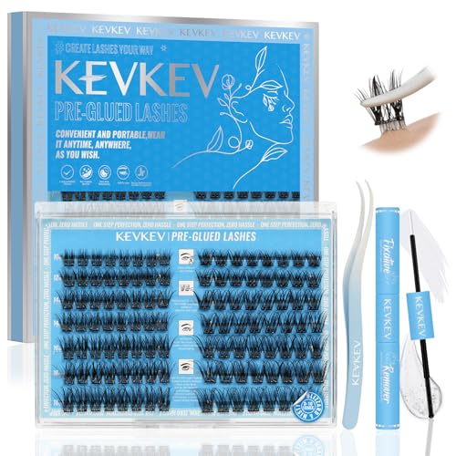 KevKev Self Adhesive Eyelashes Kit 112 Pcs Press On Lashes Pre Bonded Lash Clusters No Glue Needed Cluster Lashes 2 Styles 10-18mm Mixed with Lash Tweezers Fixative and Remover (Misty & Blizzard)