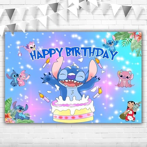 1st Birthday Decorations Banner for Boy 5x3ft Happy Birthday Lilo and Sticth BackdropVinyl Pink Angel and Stitch First Birthday Background for Party Supplies (Pink)