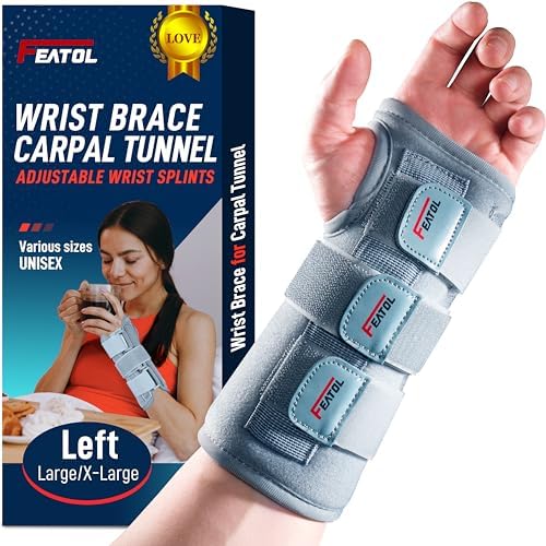 FEATOL Wrist Brace for Sprained Wrist, Wrist Support Brace Sleeping with Metal Splints Left Hand, X/Small for Kids, Women and Men, Adjustable Hand Support for Tendonitis, Arthritis, Injuries