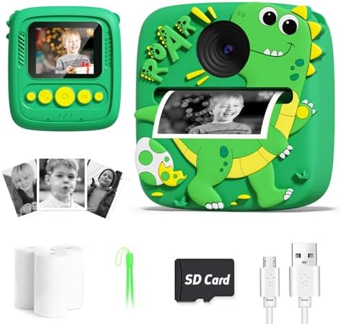 Instant Print Camera for Kids, 1080P Kids Digital Camera Toys with Dinosaur Cover, 48MP Toddler Camera, Best Gifts for 3 4 5 6 7 8 9 10 Year Old Girls Boys