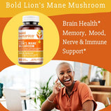 Bold Botanica Lion’s Mane Mushroom Capsules - 100% Fruiting Body – Concentrated Organic Lion’s Mane Extracts – Nootropic Brain Health – Memory, Mood, Immune Support – 60 Vegan Capsules