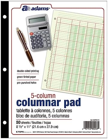 Adams Columnar Analysis Pad, 5 Column Ledger, 8.5" x 11", 100 Pages (50 Sheets), Green, 3 Hole Punch, for Accounting, Bookkeeping & Data (ACP85115)