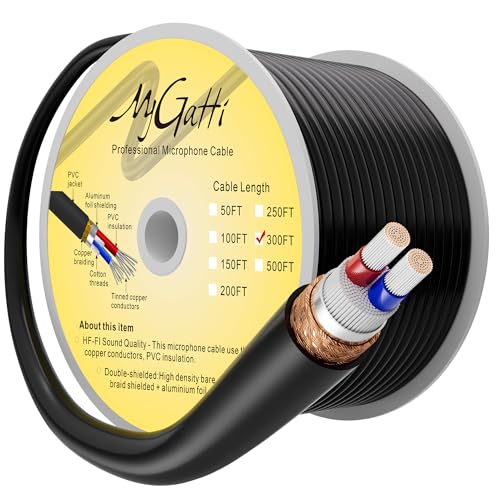 Bulk XLR Microphone Cable 300 Feet, Raw DIY Mic Spool Wire, 21 Gauge Audio Cable, OFC, 21AWG Tinned Copper 2-Conductor, Heavy-Duty, Spiral Copper Braided Shielding, Compatible with 3-Pin XLR Connector