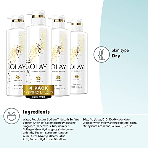 Olay Cleansing & Firming Body Wash with Vitamin B3 and Collagen, 20 fl oz (Pack of 4)