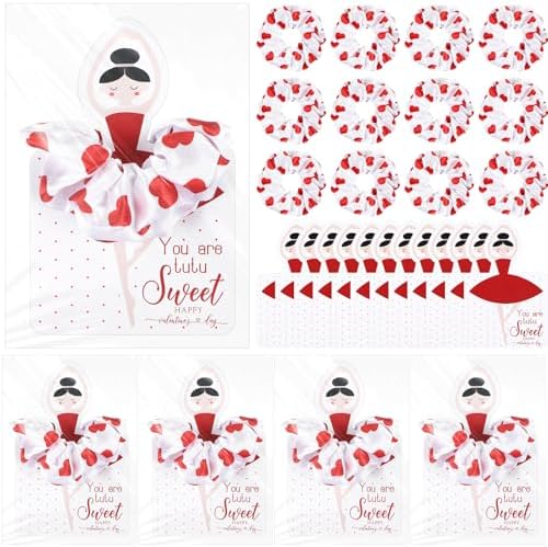 Lyrow 12 Pcs Valentines Hair Scrunchies Headband Gymnastic Hair Tie Rainbow Gilding Heart Ballet Hair Accessories Headband for Girl with Cards Dance Valentines Women Ballerina Dancer Gift (Deep Red)