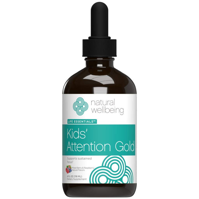 Natural Wellbeing - Kids' Attention Gold - Natural Support for Focus and Concentration - New Mixed Berry & Raspberry Flavor - 4oz (118ml)