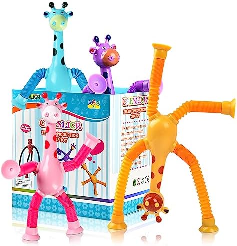 Giraffe Sensory Toys 4Pcs Easter Basket Stuffer Gift for Toddlers Girls Year Old Ages 3 4 5 6 7 8 9 10, Suction Autism Toy Pop Tube Fidget Toys Autistic Travel Toys Stocking Valentine Gift for Kids