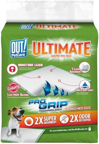 OUT! Ultimate Pro-Grip XL Dog Pads | Absorbent Pet Training and Puppy Pads | Grip Technology Prevents Slipping and Bunching | 30 Pads | 21 x 30 Inches