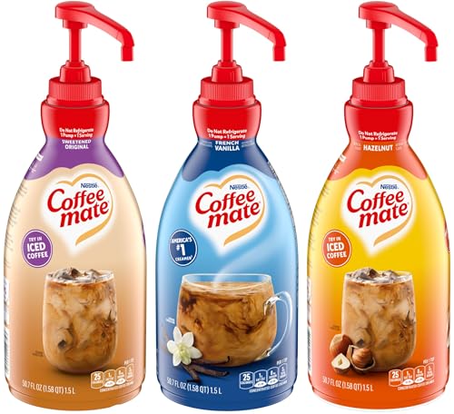 Nestle Coffee mate Liquid Concentrate 1.5 Liter Pump Bottles, 3 Flavors Sweetened Original, French Vanilla & Hazelnut (Pack of 3)