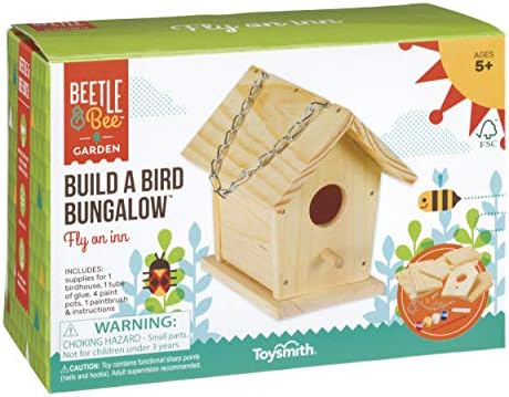 Beetle & Bee Build A Bird Bungalow - DIY Kid Art Craft Outdoor Birdhouse Kit, House Painting Kit for Kids, Hardware Glue Included- 4 Paints, 1 Brush, 7 Wooden Pcs, Chain For Tree Hanging Age 5+