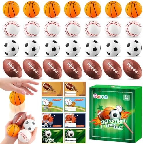 Garma 28 Pack Valentines Gift Cards with Mini Foam Sport Balls Bulk Toys for Kids Classroom Exchange Prizes and Goodie Bags Stuffers, Valentines Stress Relief Party Favor Toys