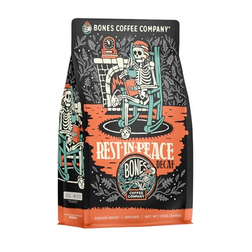 Bones Coffee Company Rest in Peace Decaf Flavored Coffee Beans, Medium Roast Ground Coffee Low Acid Decaffeinated (12 oz)