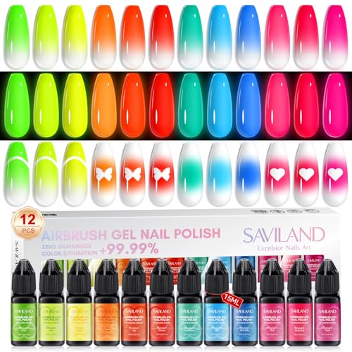 SAVILAND Airbrush Gel Nail Polish: No Dilution Fluorescent Airbrush Nail Polish Shine All Night Long, 12 Colors Glows in The Dark for Nails French Manicure DIY Nail Salon, Gifts & Party & Bar Social ﻿