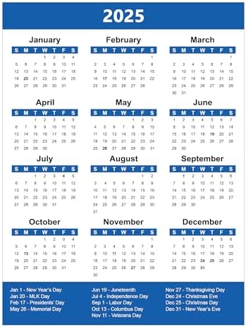 2025 Full Year Calendar Magnet, Blue, 4.5” x 6” – Easy-to-Read, Bold Design