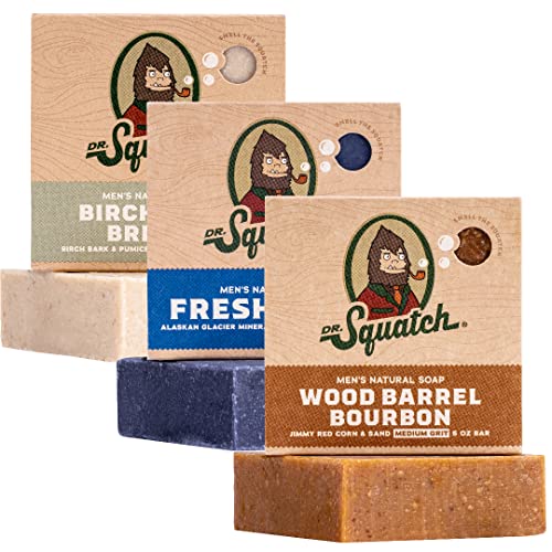 Dr. Squatch Men's Natural Bar Soap Made from Natural Oils - Cold Process Soap with No Harsh Chemicals - Wood Barrel Bourbon, Fresh Falls, Birchwood Breeze (3 Pack)