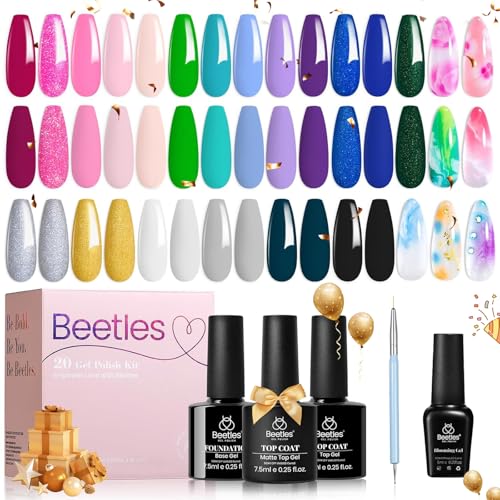 Beetles Gel Polish Set Green Pink Gel Nail Polish 19 Colors Light-Years Away Gel Polish with 1Pcs Blooming Gel&3Pcs Base Gel Glossy Matte Top Coat, Soak off UV Gel Polish Design Nail Art Design