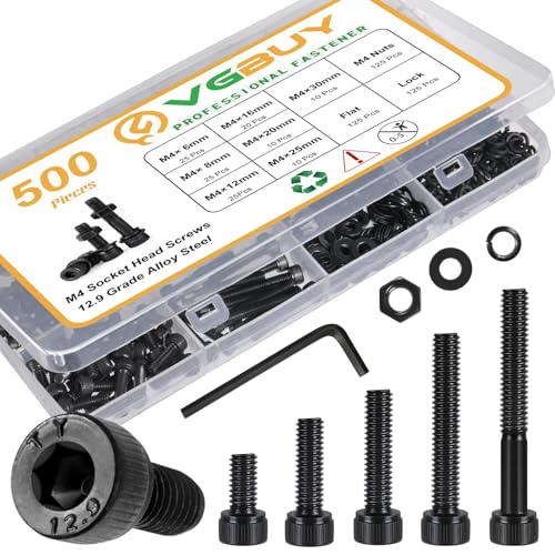 500Pcs M4 Screw Kit, Black M4 Screws (7 Sizes 6-30mm), Assorted Metric Nuts and Bolts Assortment Kit, Hex Socket Head Cap M4 x 6/8/12/16/20/25/30mm with Washer Nuts, 12.9 Grade