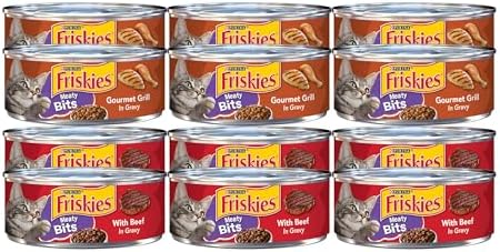 Purina Friskies Meaty Bits Canned Wet Cat Food Variety Pack, 6 Cans of Gourmet Grill in Gravy & 6 Cans of Beef in Gravy, 5.5 Ounce Cans (Pack of 12)