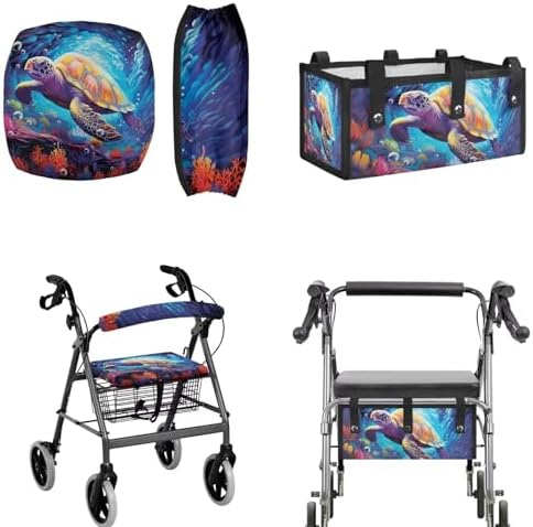 LedBack 3 Piece Set Walker Accessories Sea Turtle Print Walker Seat Cover Soft Rollator Seat and Back Rest Covers Underseat Pouch Tote for Rolling Walkers