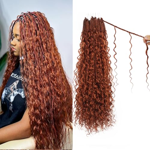 Boho Crochet Braids Human Hair Mixed 18 Inch Goddess Crochet Boho Box Braids with Human Hair Mixed Curls Ginger Color Bohemian Braids Crochet Hair for Black Women Human Hair(18Inch #350)