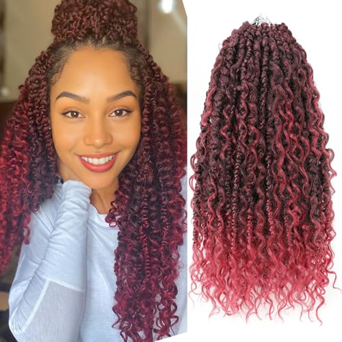 Leeven Passion Twist Crochet Hair 14 Inch Boho Style 8 Packs Ombre Burgundy Pre Twisted Goddess Twist Pre Looped Red Bomb Twists Curly Ends Synthetic Braids for Women Girl #TBUG